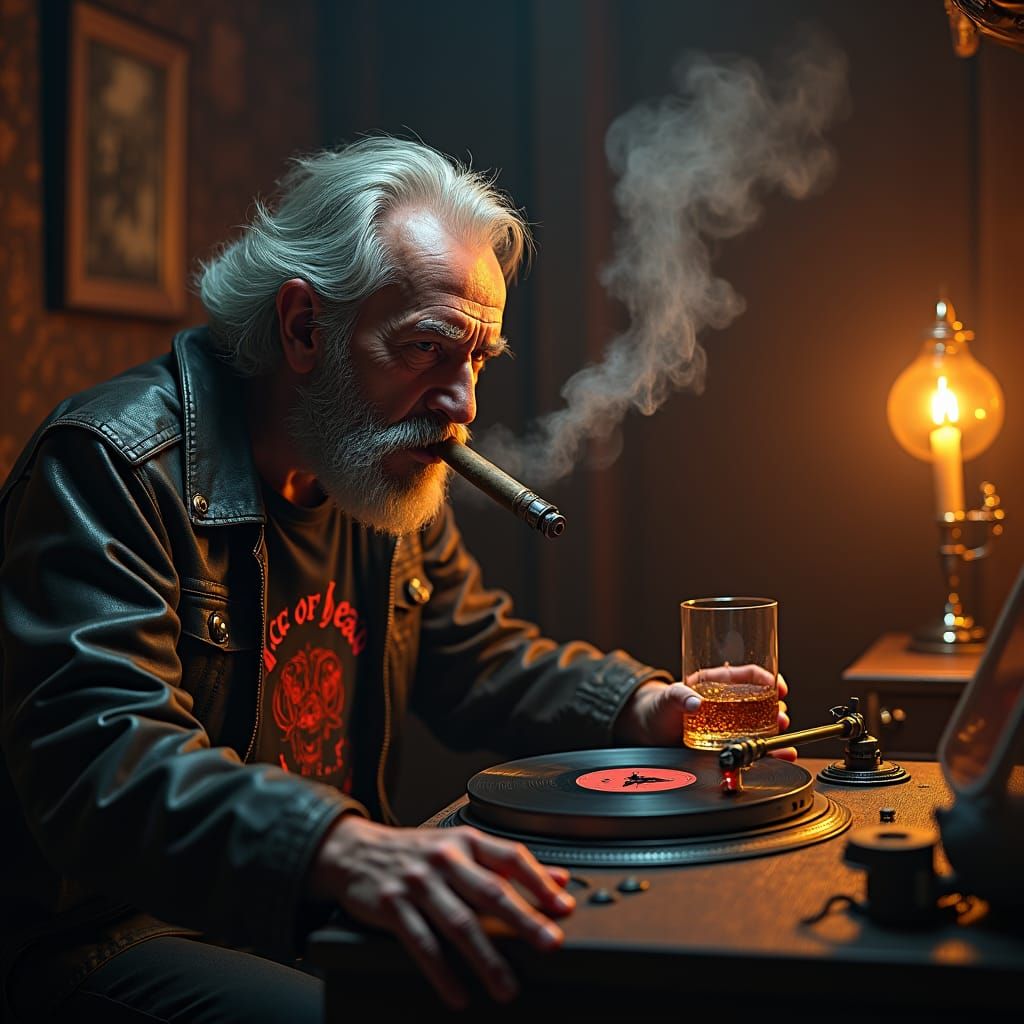 Old Man Listening to Motorhead in Fantasy Art Style