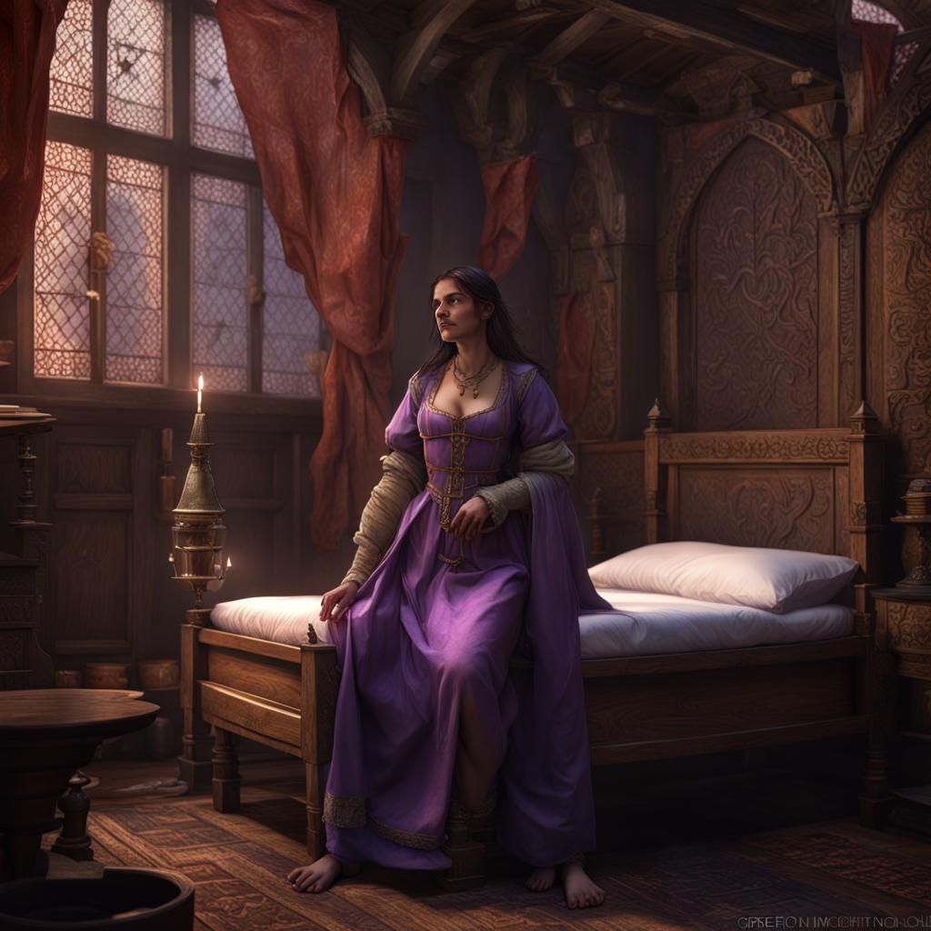 Medieval Servant Changing Sheets: Dark Fantasy Art