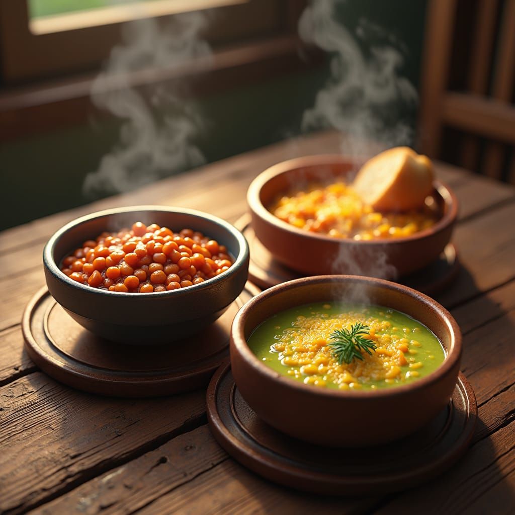 Rustic Table with Bowls of Soup in 3D Rendered Style