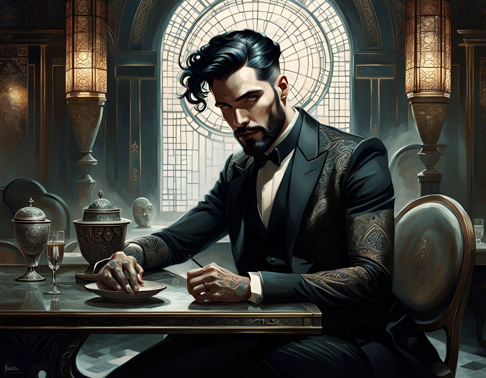 Retro Art Deco Man Portrait in Expressionist Style