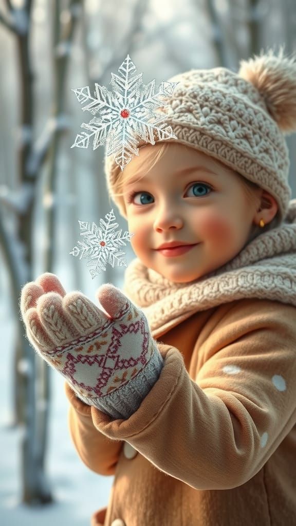 Whimsical Snowflake Catch in a Winter Wonderland Scene