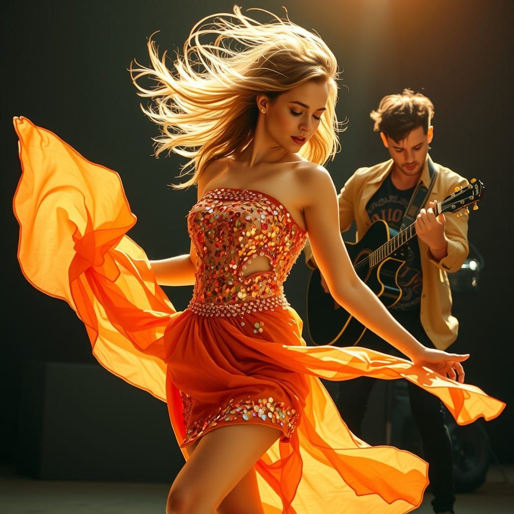 Youthful Dancing Queen Lost in Music with Guitarist