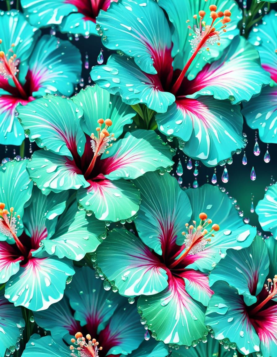 Aqua Green Hibiscus Flowers with Crystalline Petals
