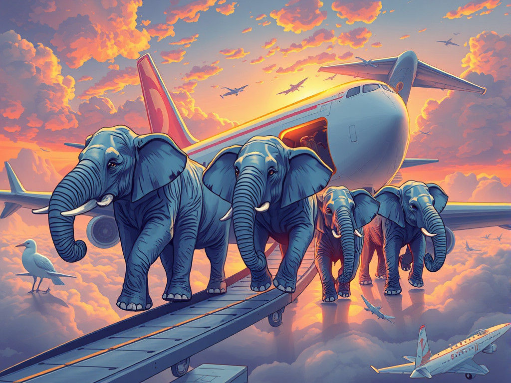 Elephants Boarding Airplane: Detailed Digital Illustration