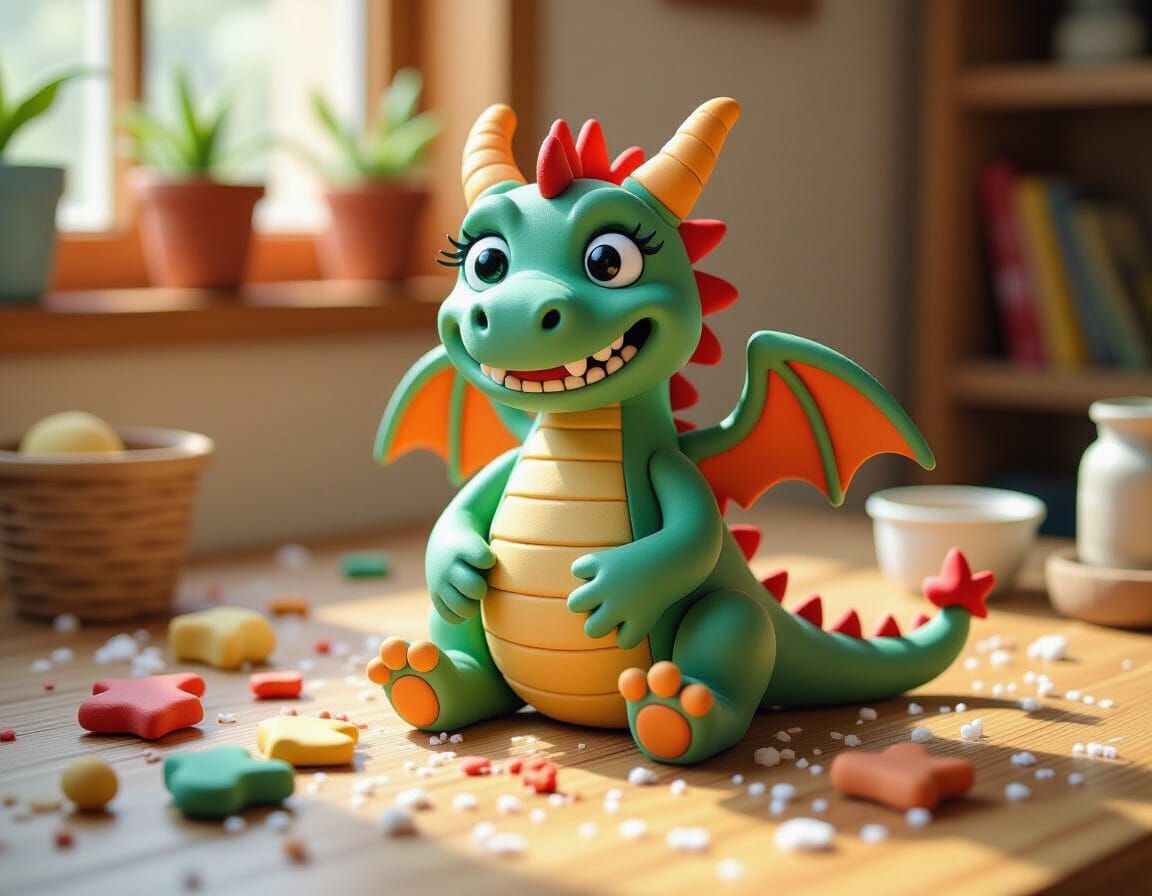 Playful 3D Clay Dragon in Maximalist Style