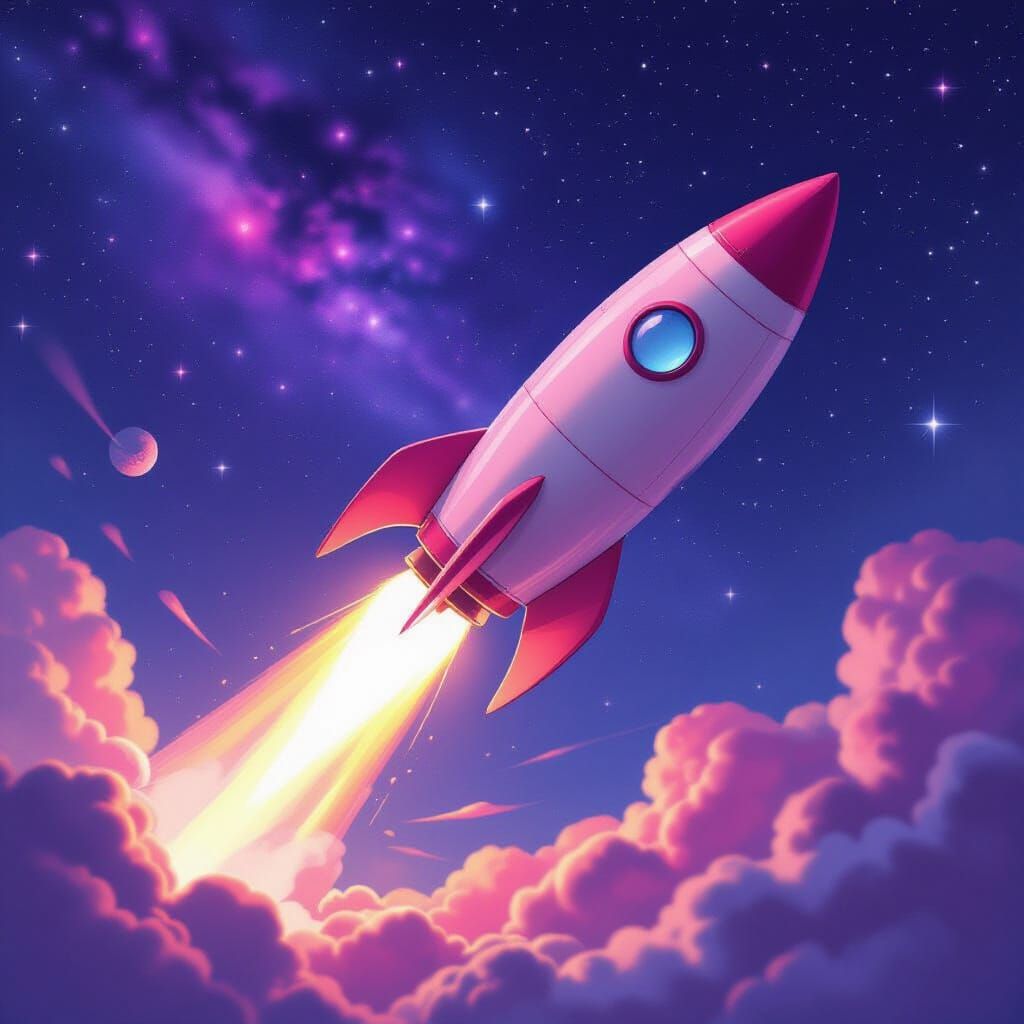 Cosmic Pink and Violet Rocket Ship Soaring