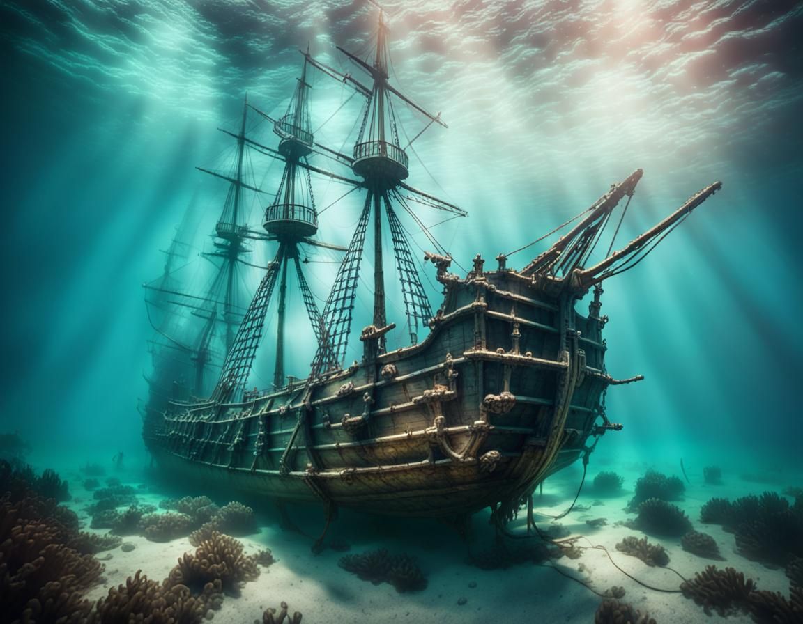 Underwater Shipwreck with Mermaid, Cinematic Film Still