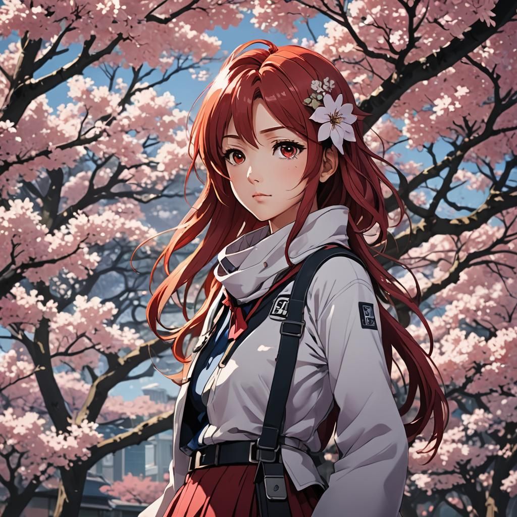 Sakura with Red Hair: Anime Cel-Shaded Art