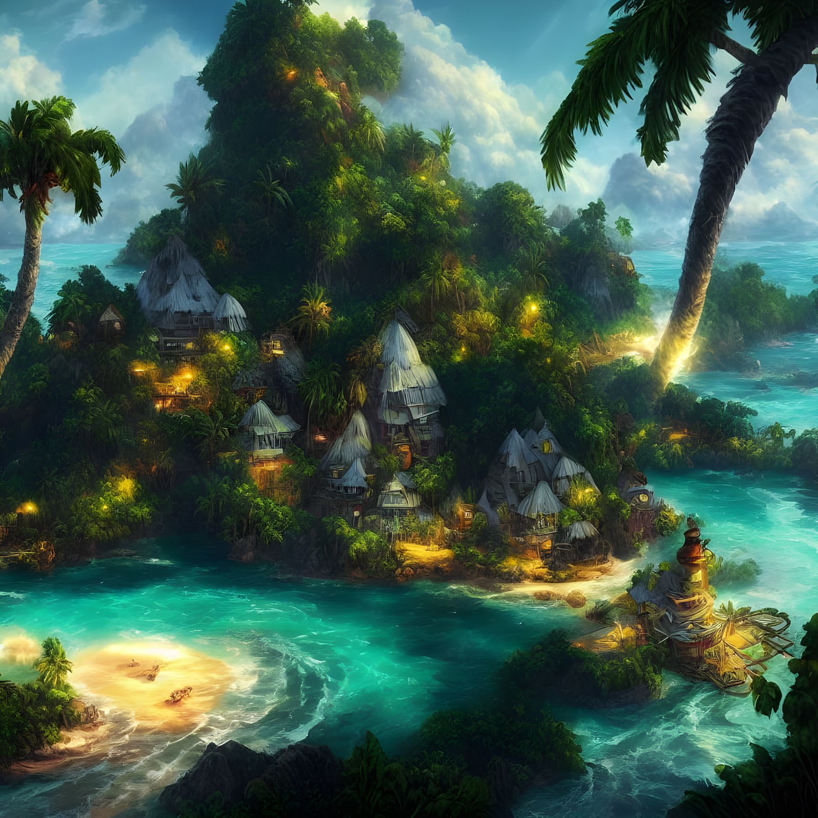 Tropical Island Digital Artwork in Surreal Style
