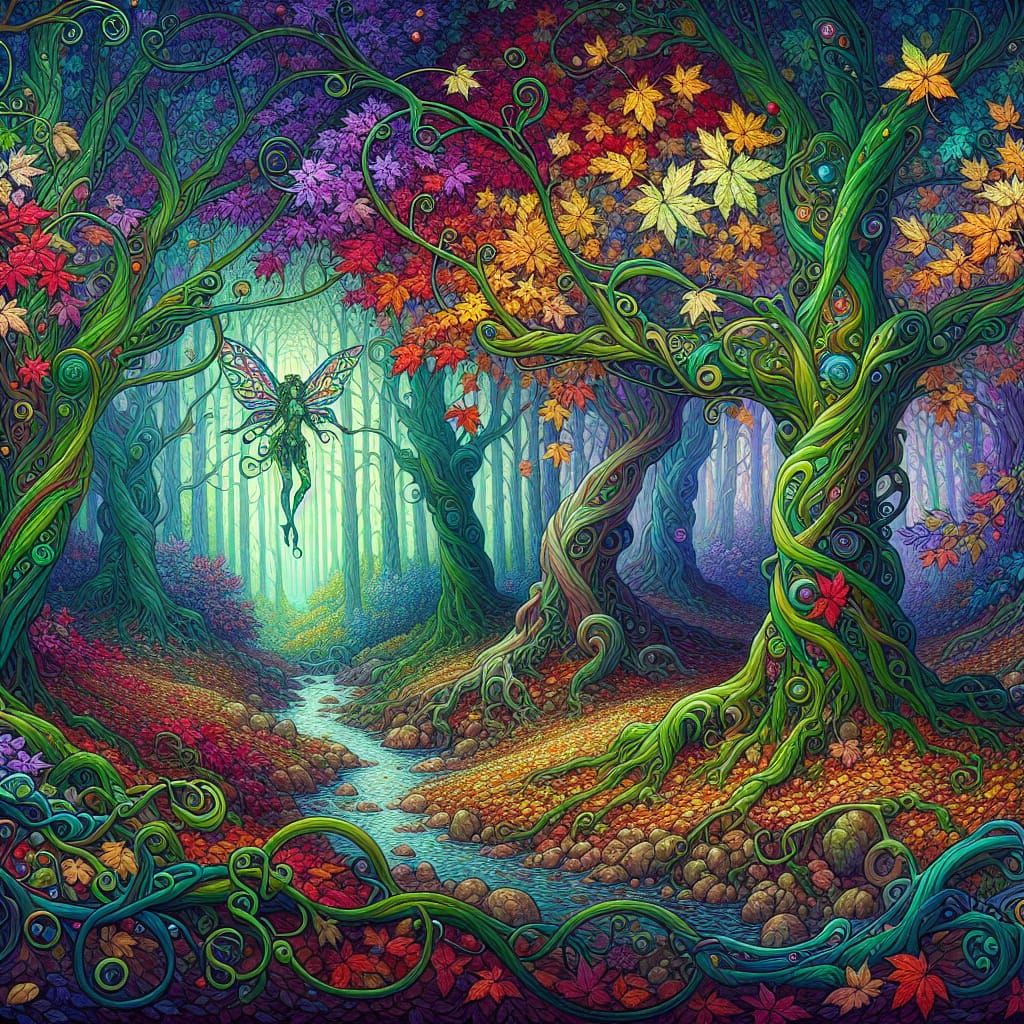 Art Nouveau Autumn Forest with Hidden Fairy