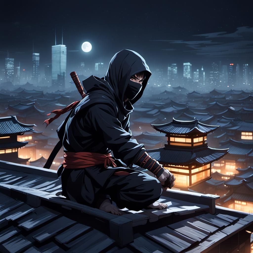 Ninja on Rooftop in Dark of Night: 3D Anime Art
