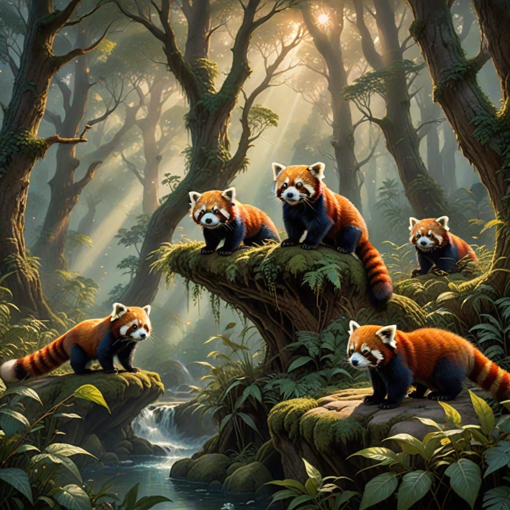 Red Pandas Explore Enchanted Forest with Gentle Luminescence