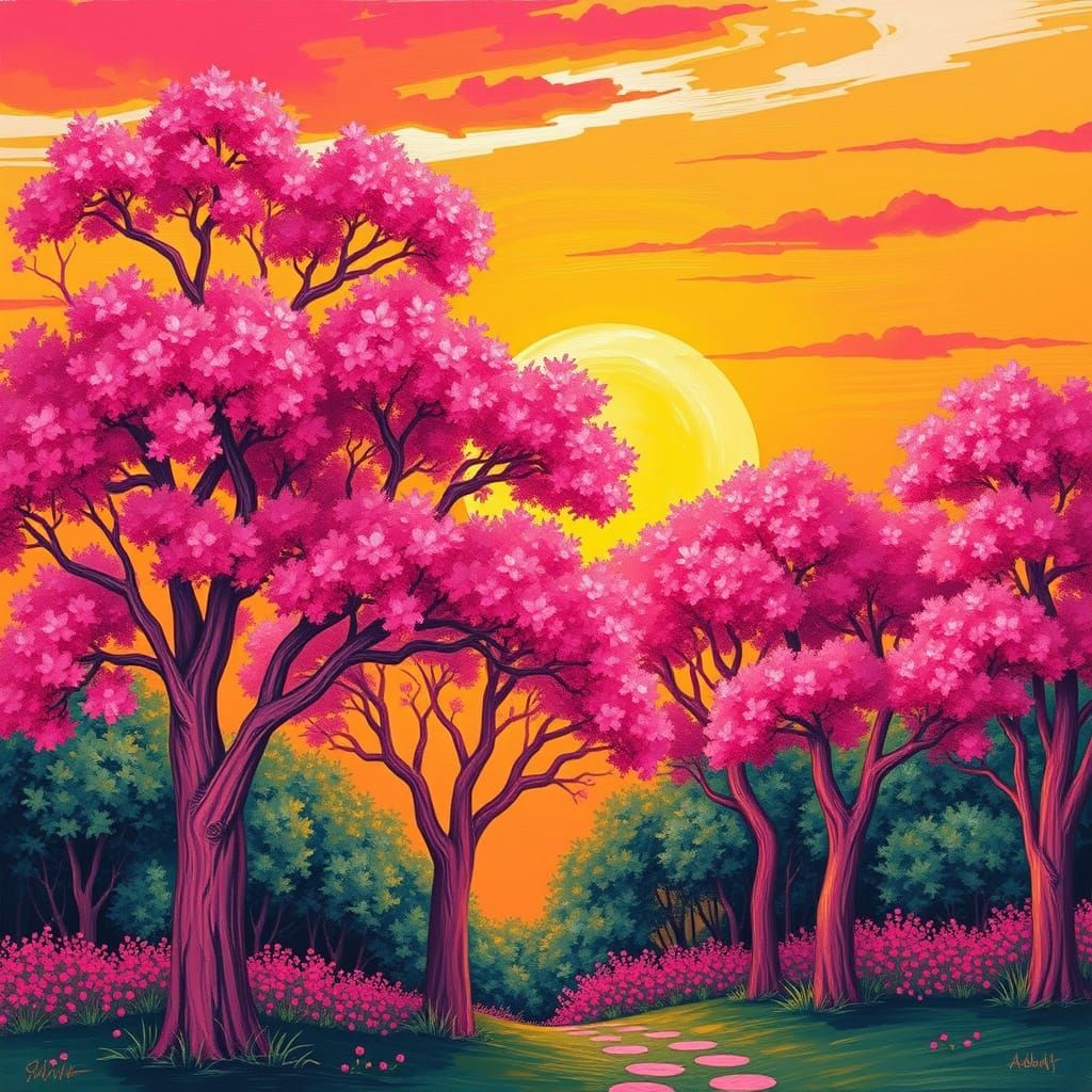 Vibrant Pink Trees at Sunset in Whimsical Style