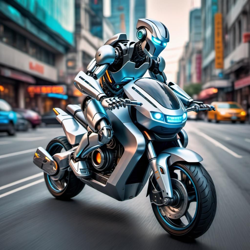 Robot Rider in Futuristic Cityscape