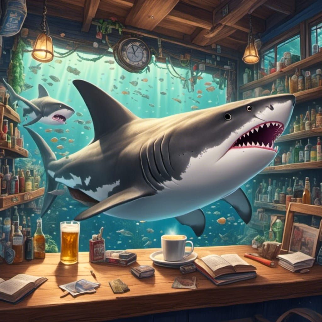 Shark Enjoys Beer Undersea: Detailed Matte Painting