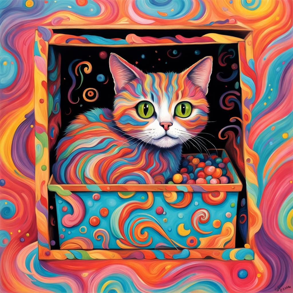 Funny Cat in Box: Vibrant Candyland Wonderland
