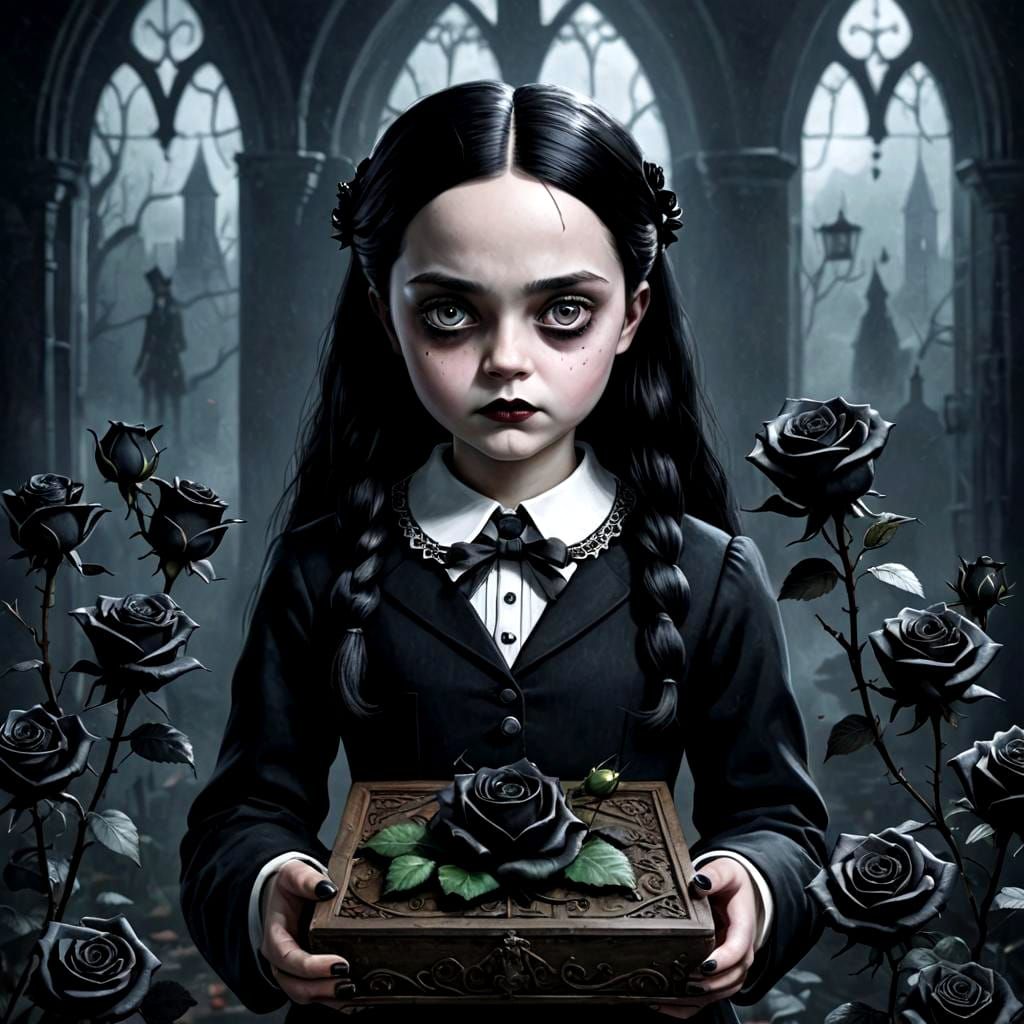 Wednesday Addams offering a black rose