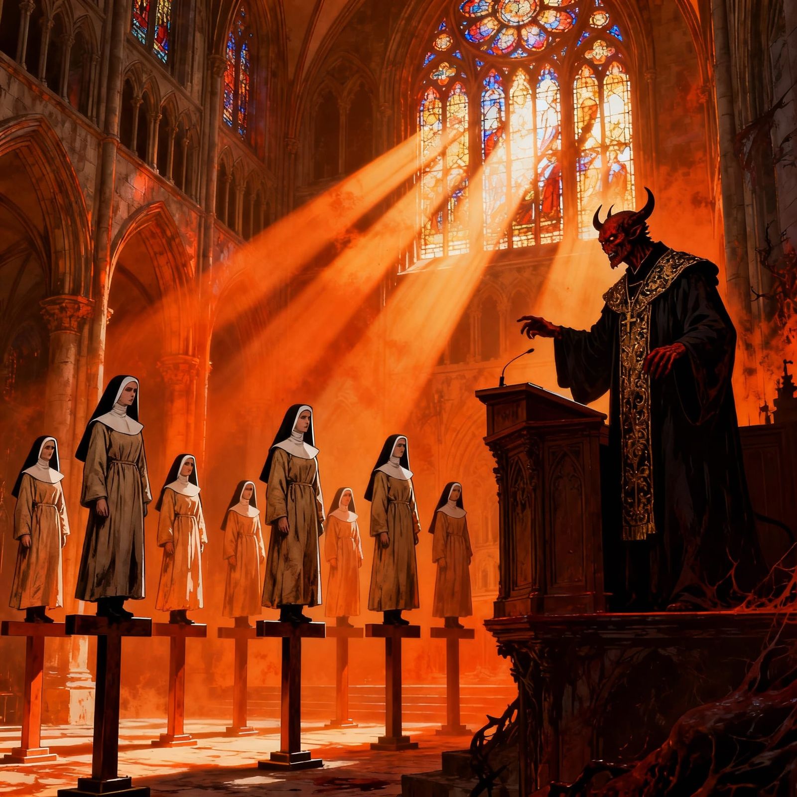 Horror Scene: Nuns on Crosses in Gothic Cathedral, Fiery Lig...