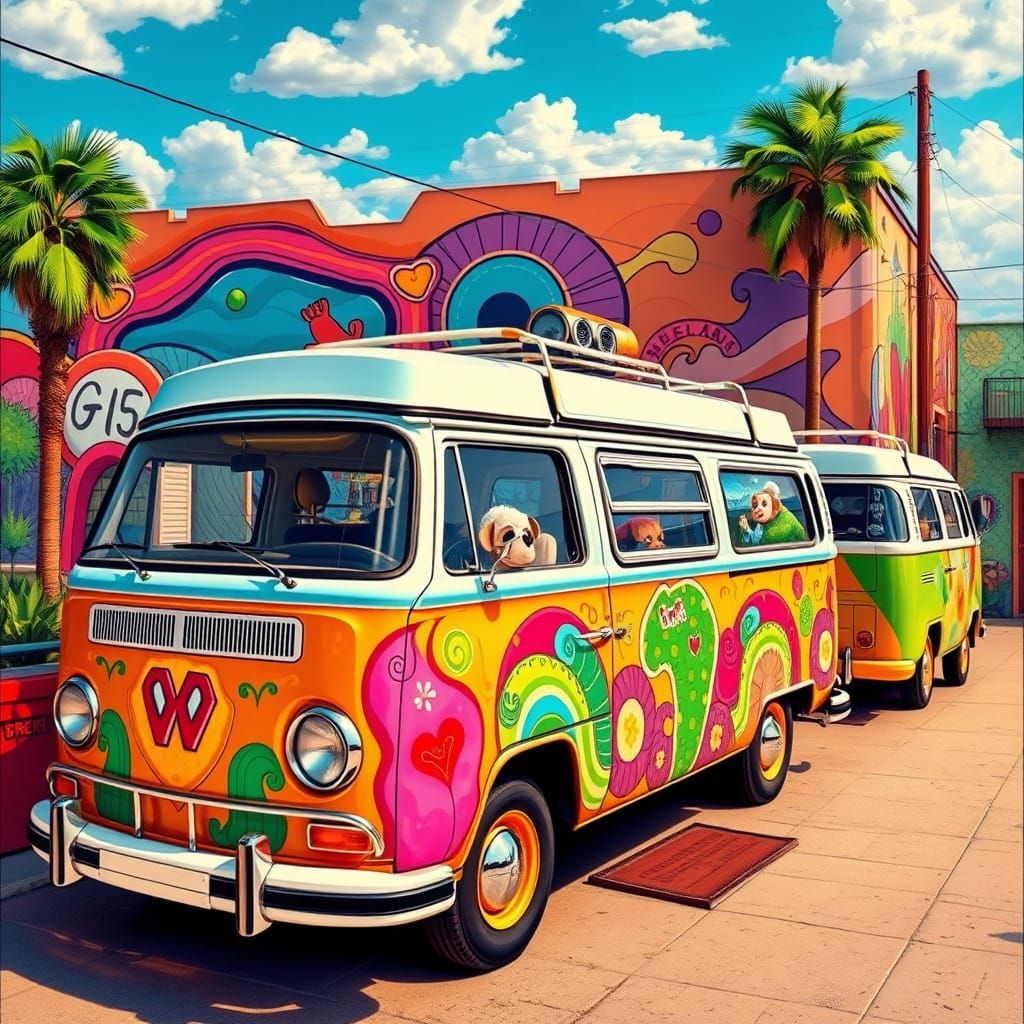 Psychedelic 1970s Vans with Colorful Murals