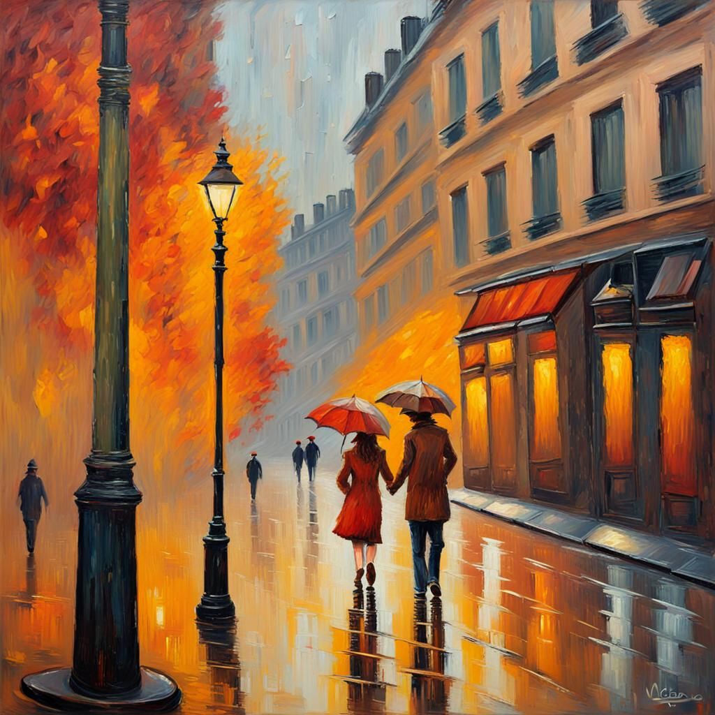 Rainy Paris Street Scene in Impasto Style