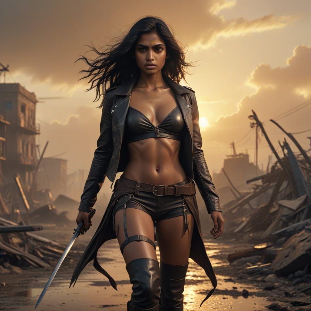 Epic Post-Apocalyptic Warrior Strides Towards Sunset