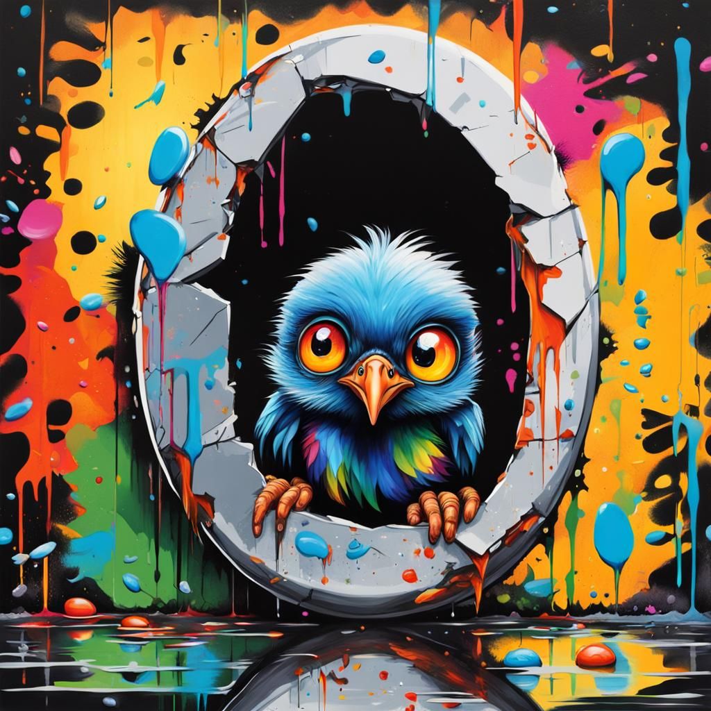 Newborn Chick and Horrorbird in Graffiti Art