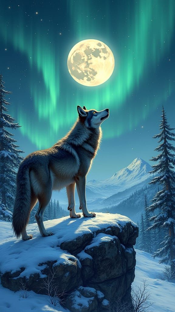 Majestic Lone Wolf Amidst Ethereal Aurora