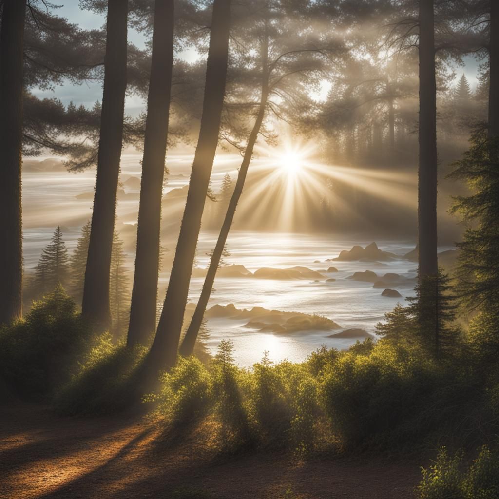 Serene Ocean Waves in a Sacred Forest Oasis