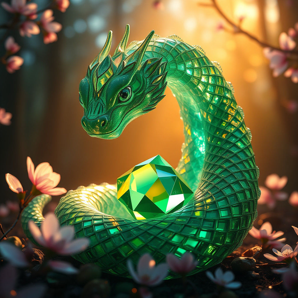 Crystalline Serpent with Emerald, Holographic Glass Shards