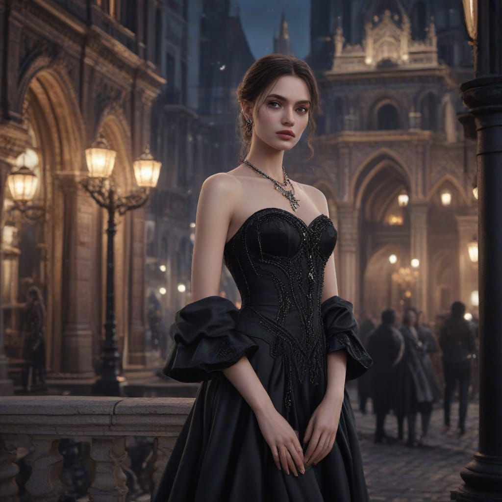 Petite Russian Gothic Princess in Elegant Black Chanel Dress