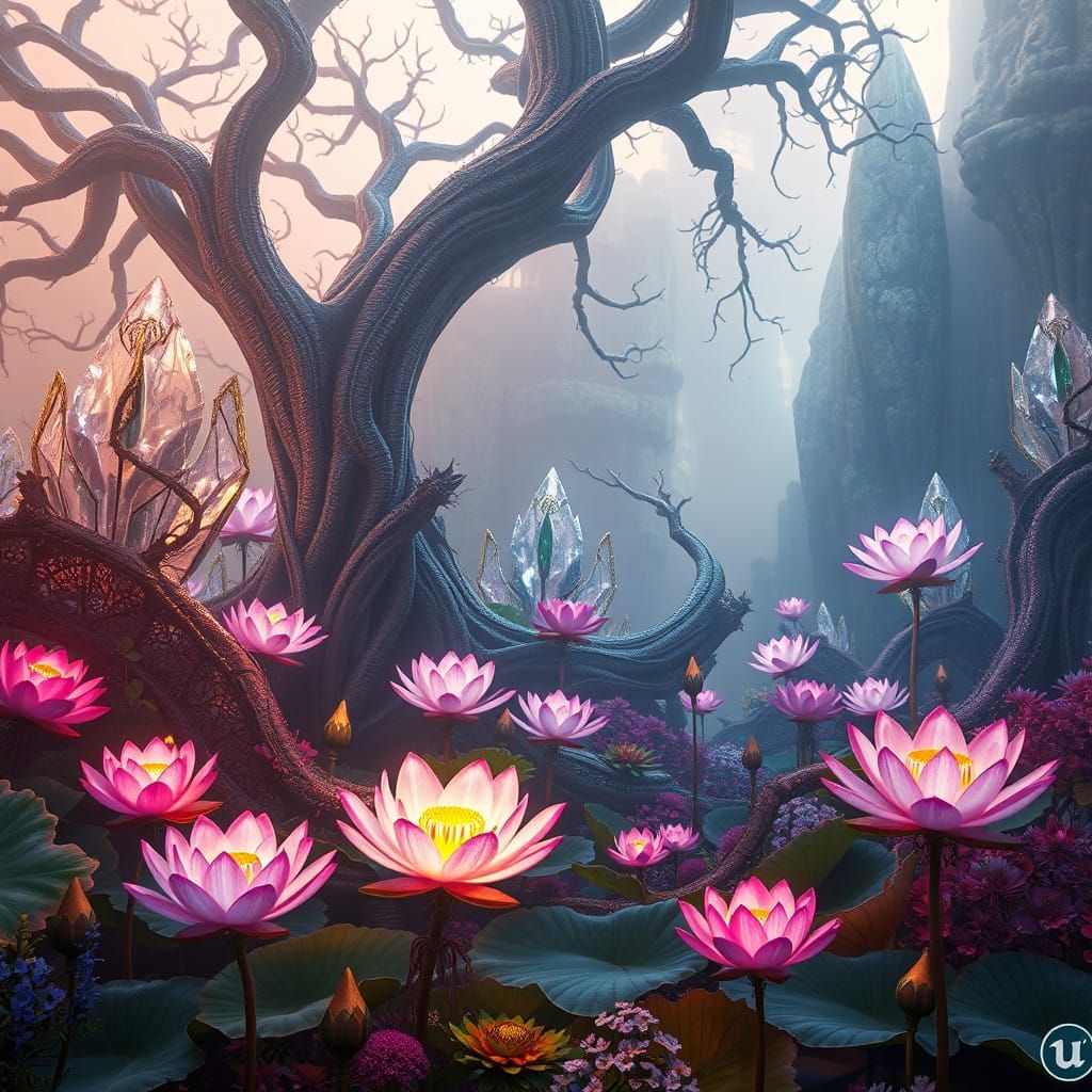 Serene Crystal Lotus Garden in Vibrant, Dreamlike Environmen...