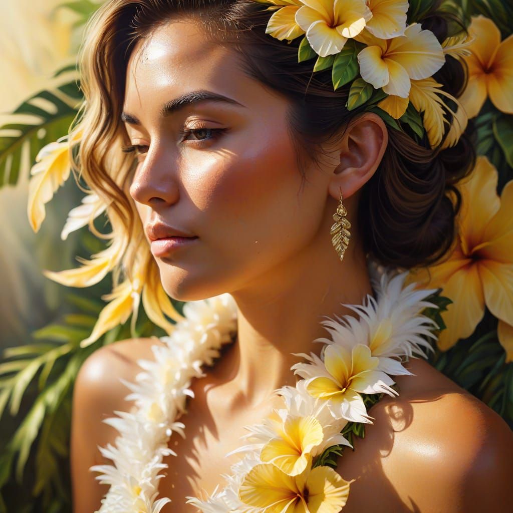 Hawaiian Floral Art: Woman with Feathered Lei