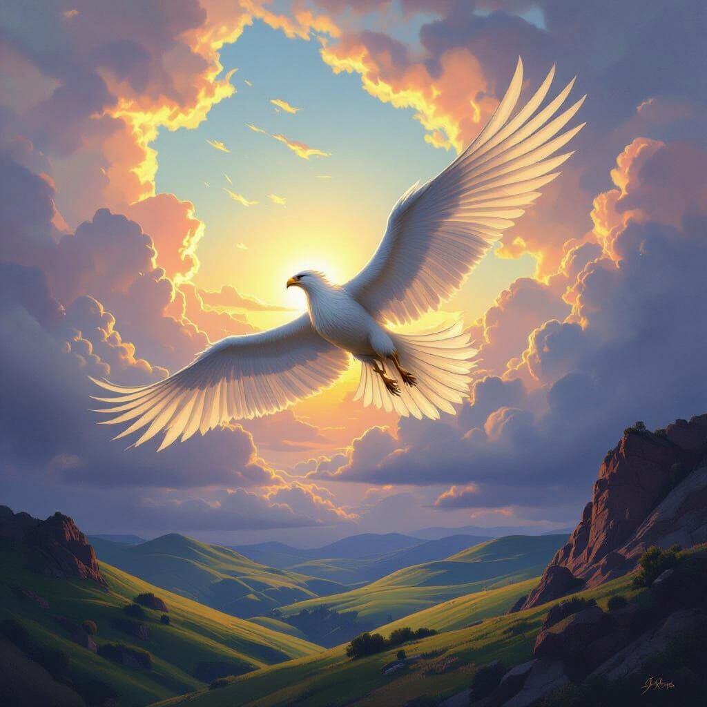 Griffin Soaring Through Sunlit Sky as Neo-Impressionist Pain...