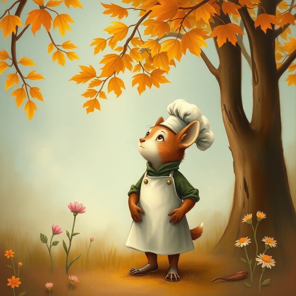 Whimsical Forest Chef Gazing at Stars as Storybook Art