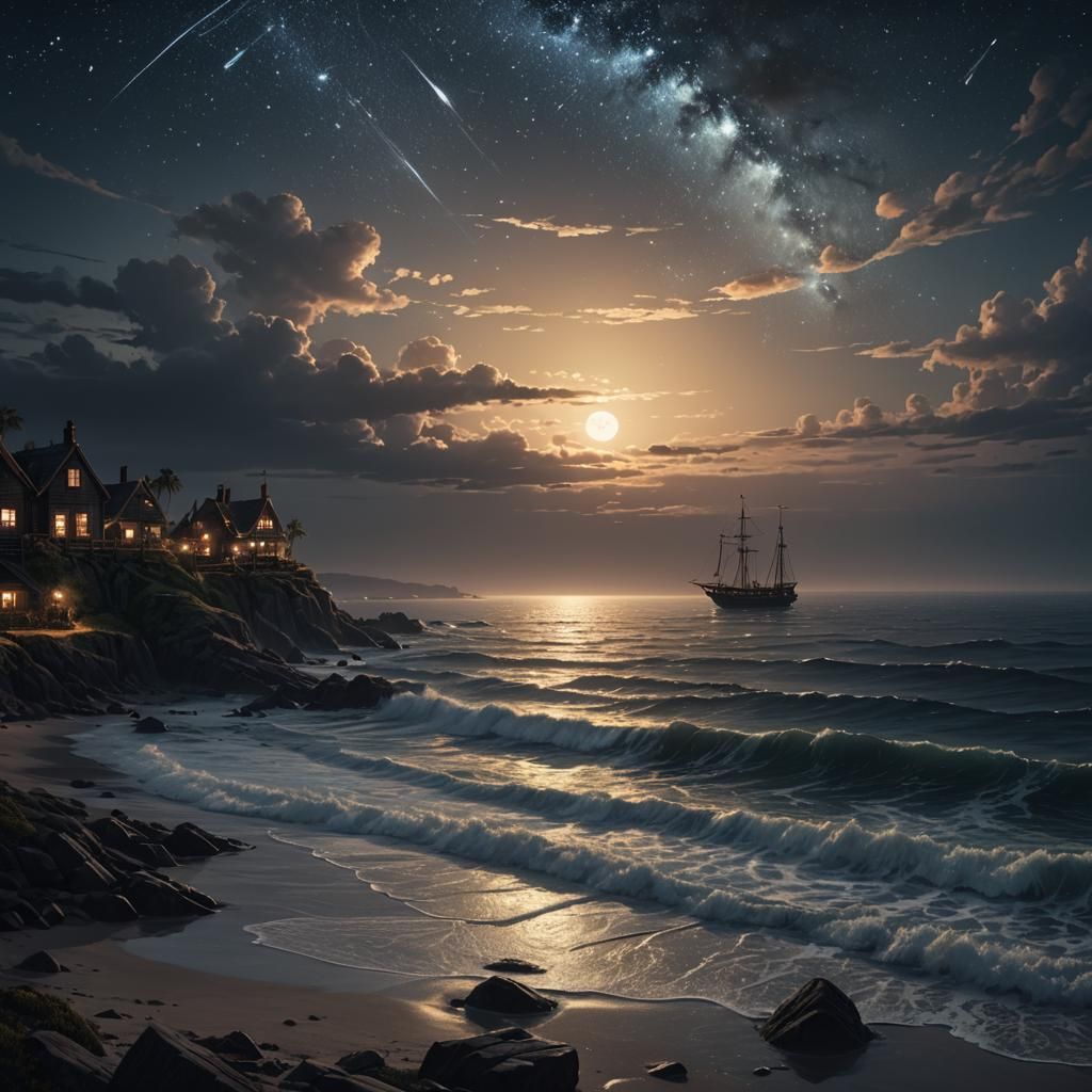 Summer Night Seascape in Dark Fantasy Style