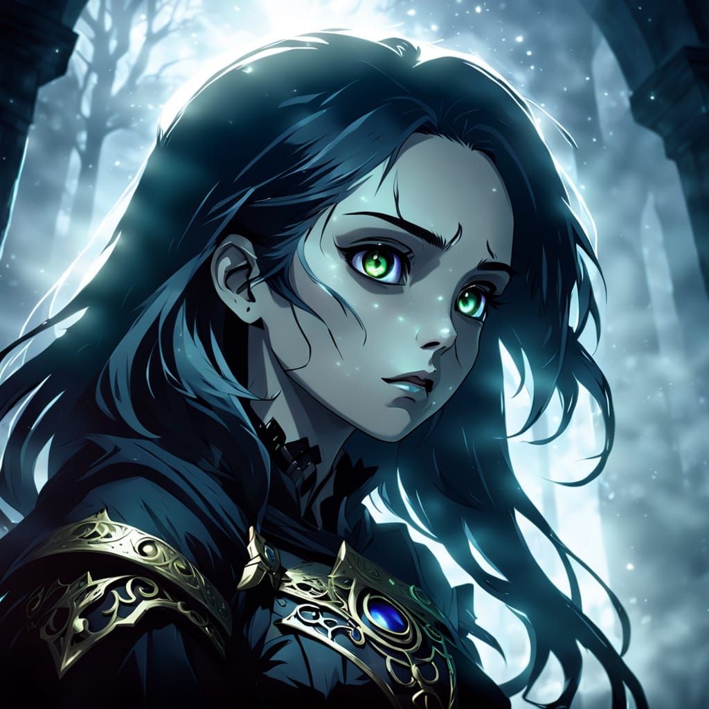 Gothic Anime Woman Radiates Courage in Dark Fantasy