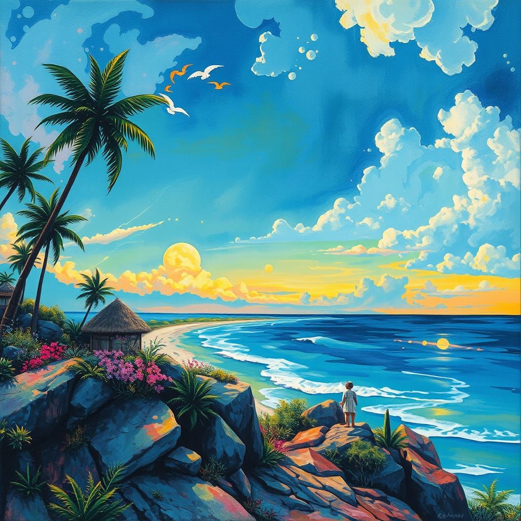 Dreamy Vacation Landscape in Gouache Style with Impressionis...