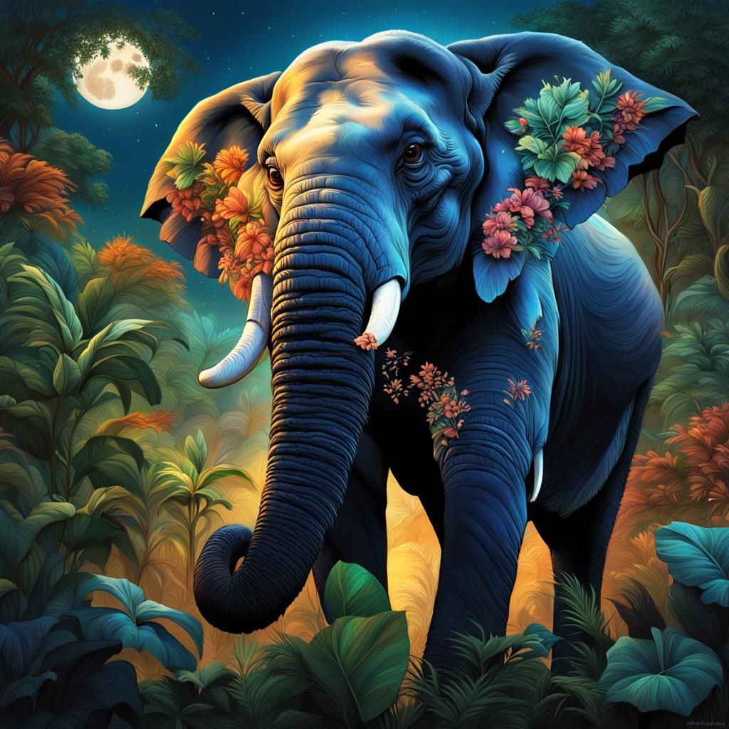 Anjanavati: Hyperrealistic Elephant Guarding Jungle Under Mo...