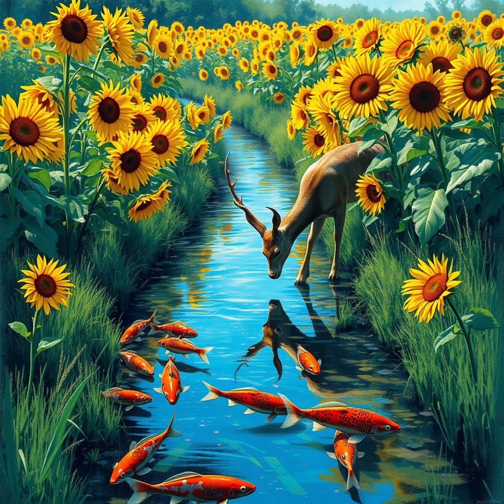 Sunflower Field with Deer in Graffiti Art Style