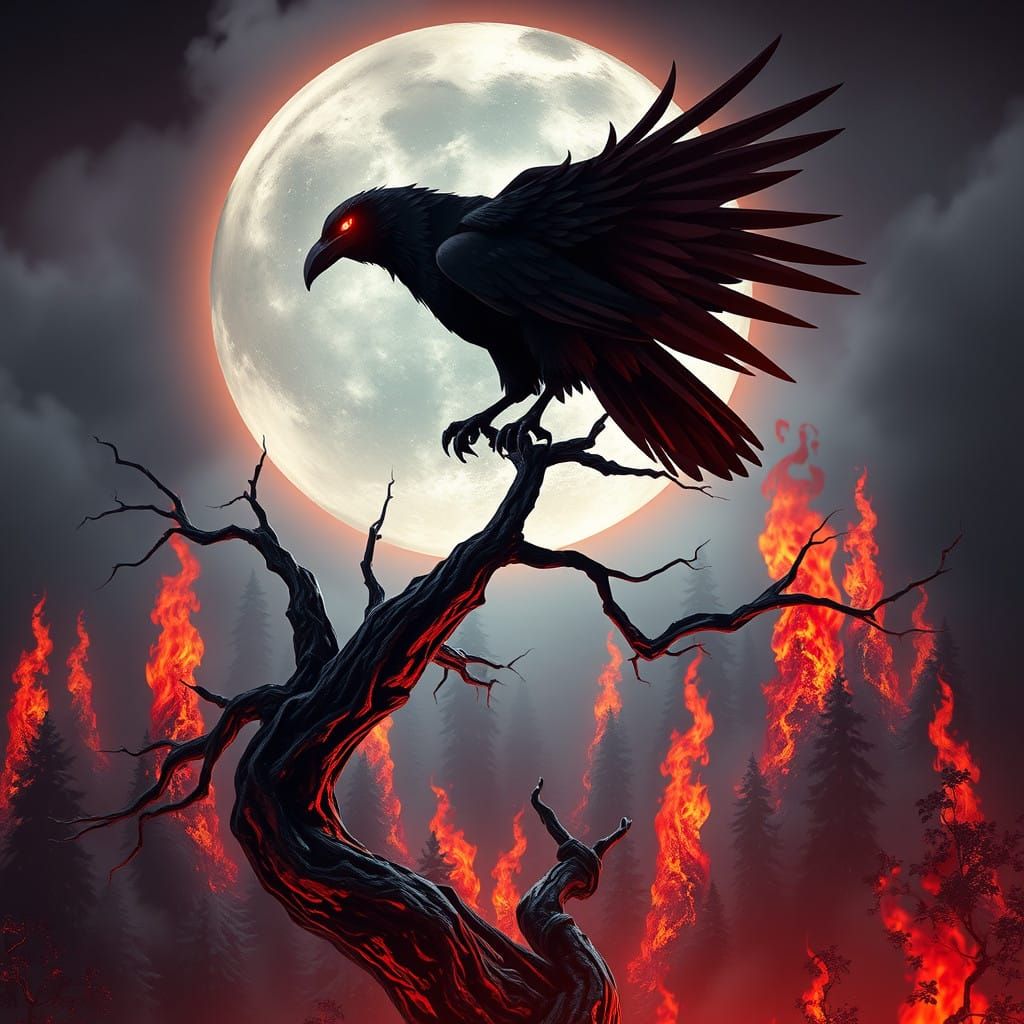 Majestic Raven Soars Above Blazing Inferno