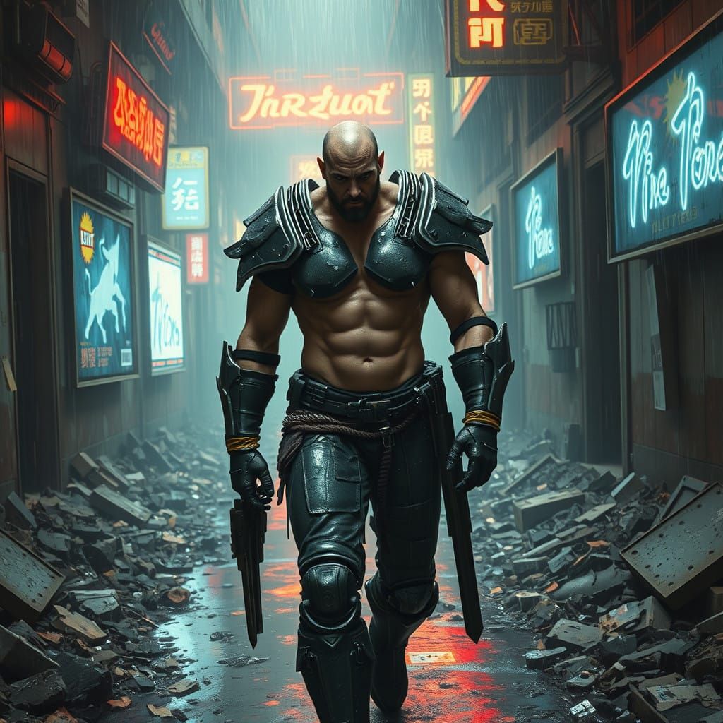 Cyberpunk Warrior Trudges Through Rain-Soaked Corridor