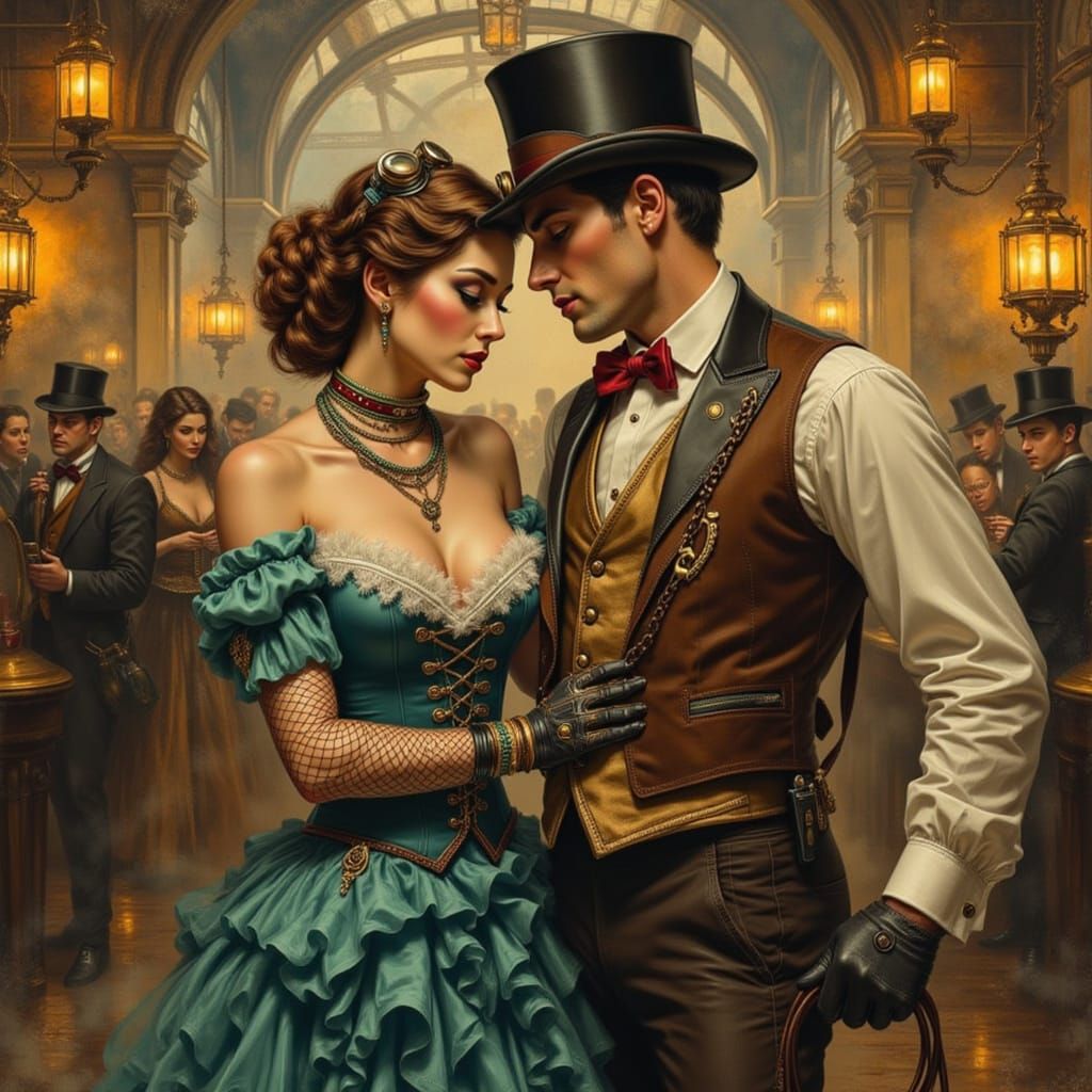Steampunk Couple Dancing in Victorian Style Oil Painting