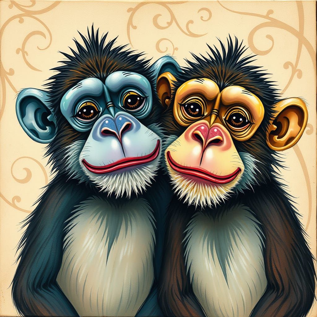 Vibrant Monkey Couple in Whimsical Gouache Style