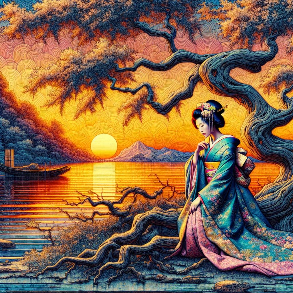 Gingko Tree and Woman in Mokuhanga Style