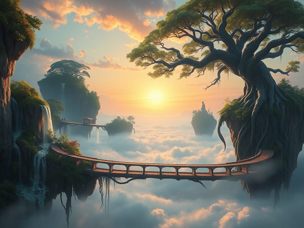 Majestic Floating Islands at Sunrise: Painterly Concept Art