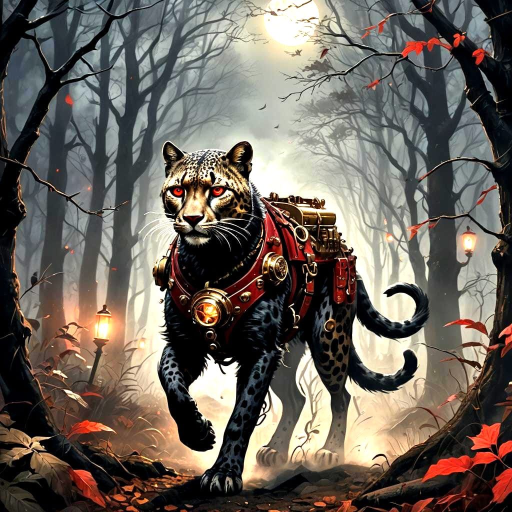 Menacing Cheetah Emerges in Dark Forest with Steampunk Engin...