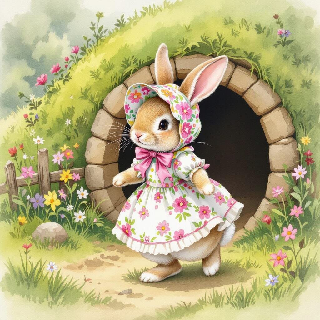 Whimsical Bunny in Pasture, Watercolor Illustration