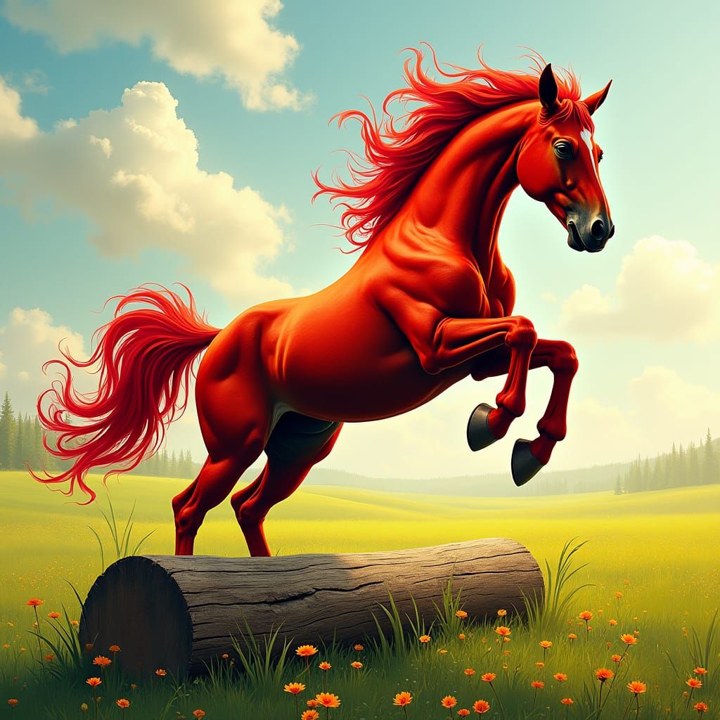Vibrant Red Roan Horse in Mid-Air, Jumping Over a Log