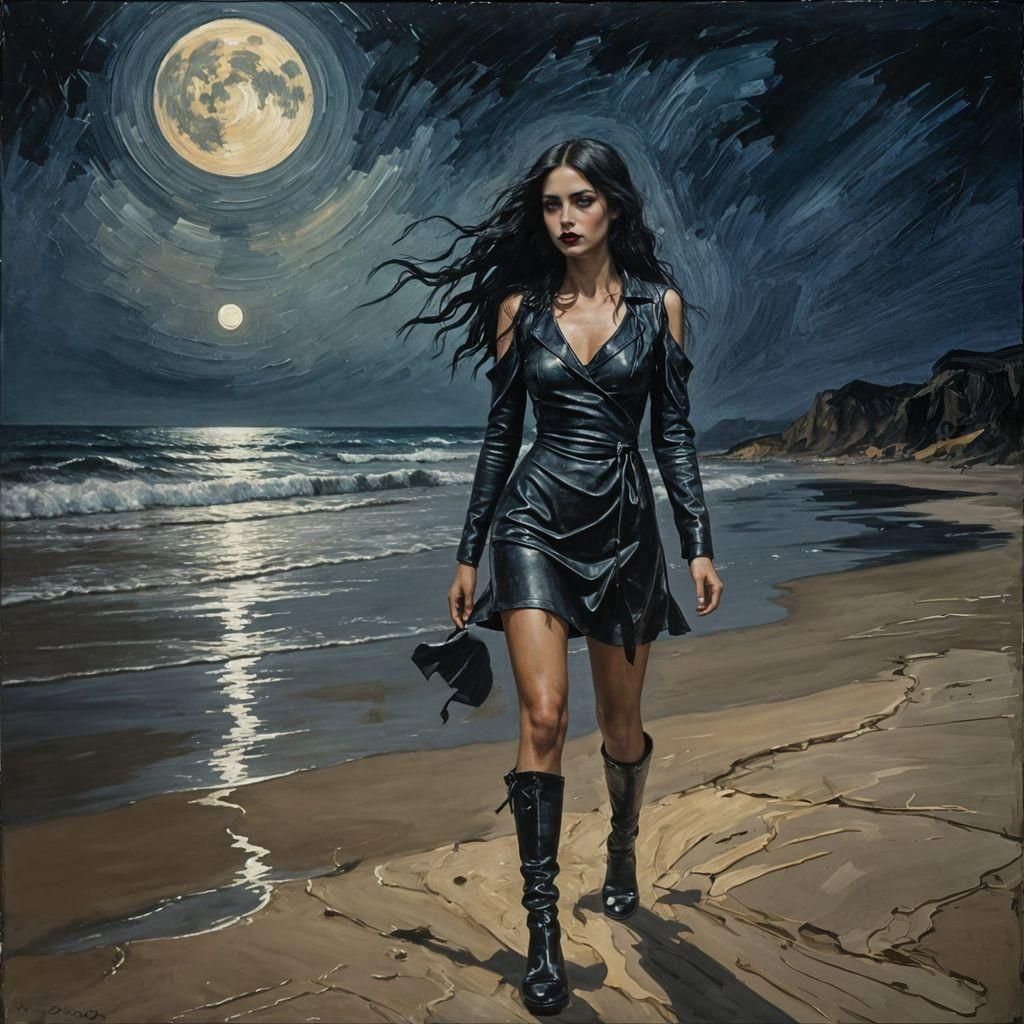 Latina Goth Girl Walking on Beach at Night