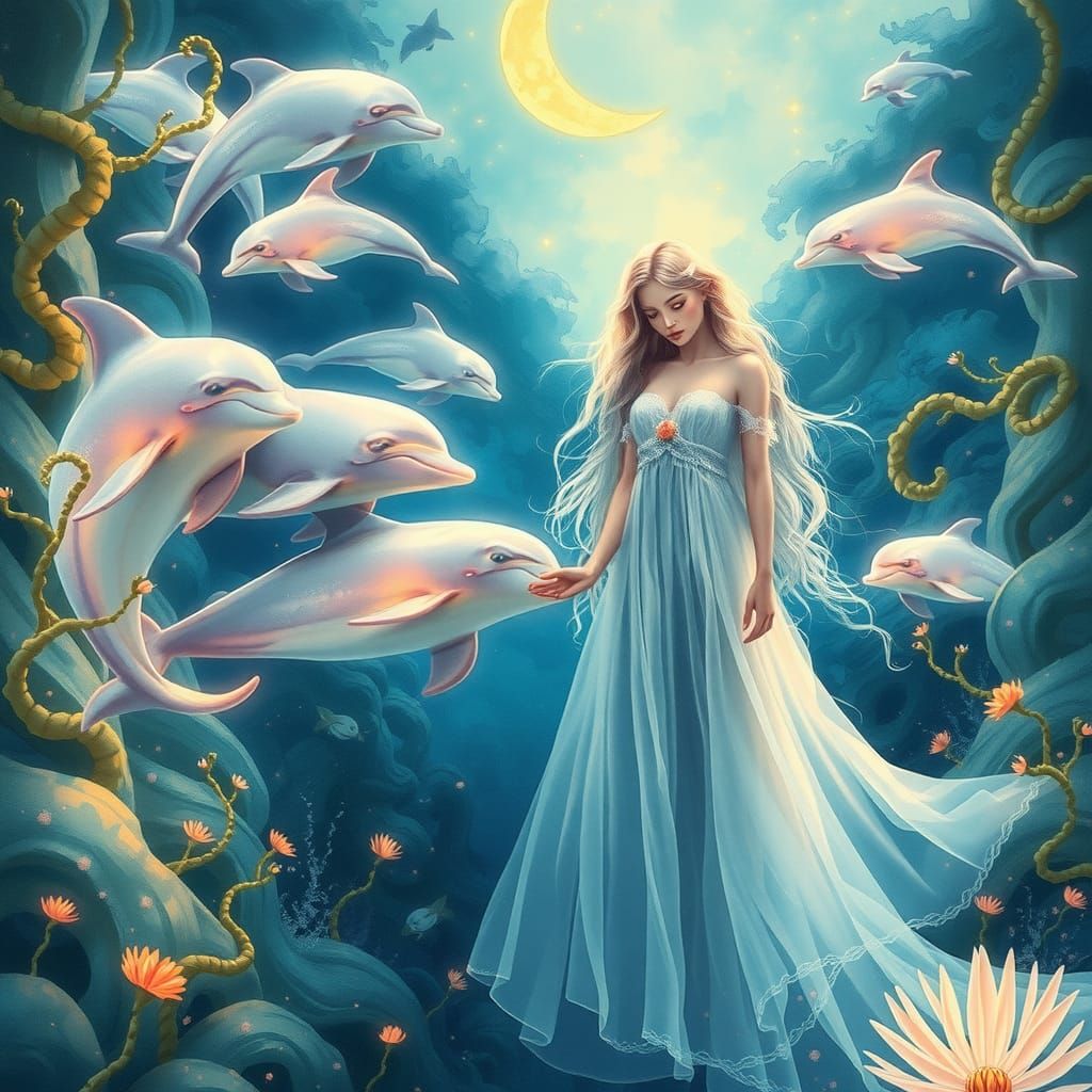 Ethereal Woman Mingles with Dolphins in Watercolor Dreamscap...